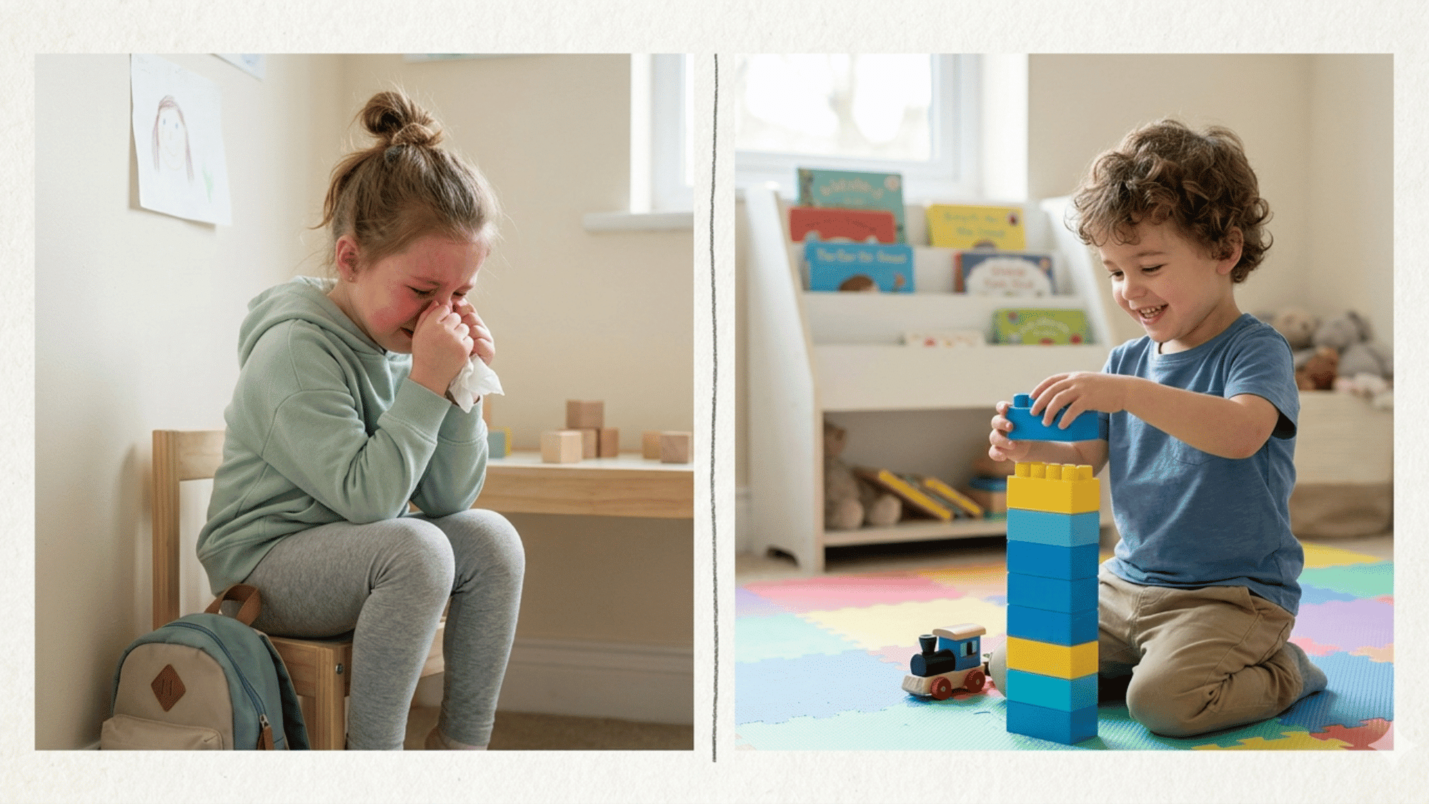 Comparison of anxious child and happy child in preschool showing timing impact