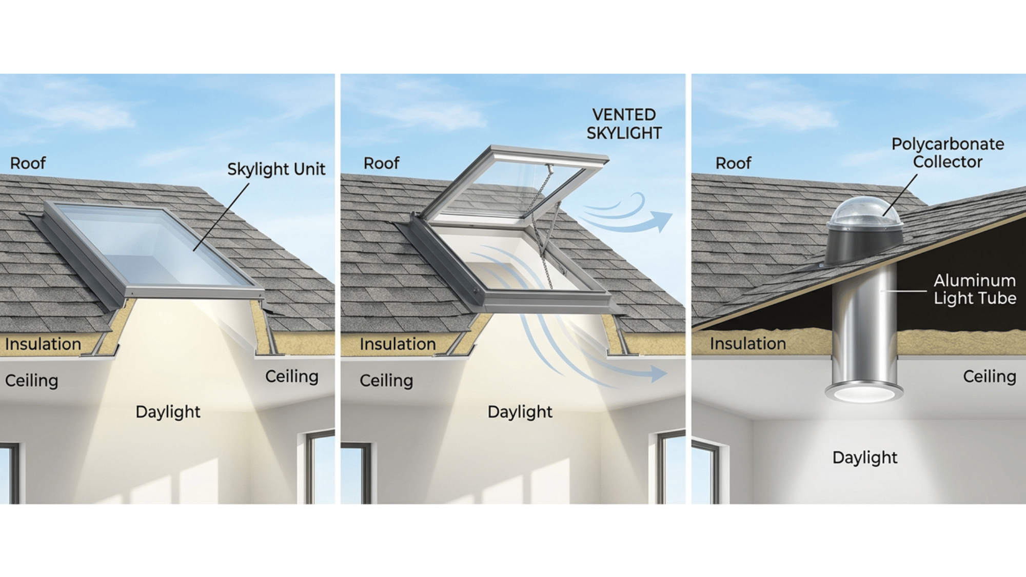 Comparison of fixed, vented, and tubular skylights on simple roof sections