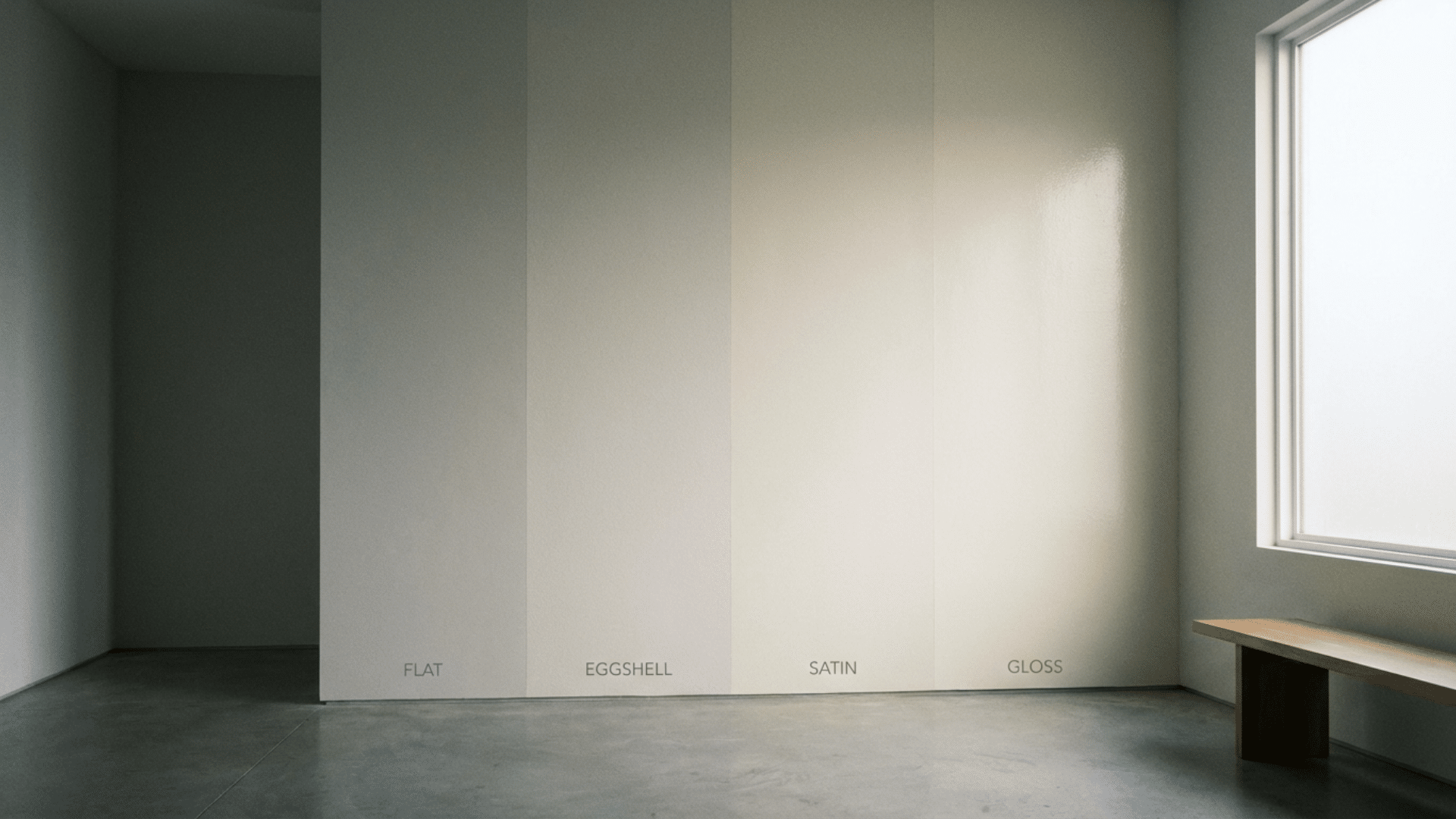 Comparison of flat, eggshell, satin, and gloss paint finishes on a wall