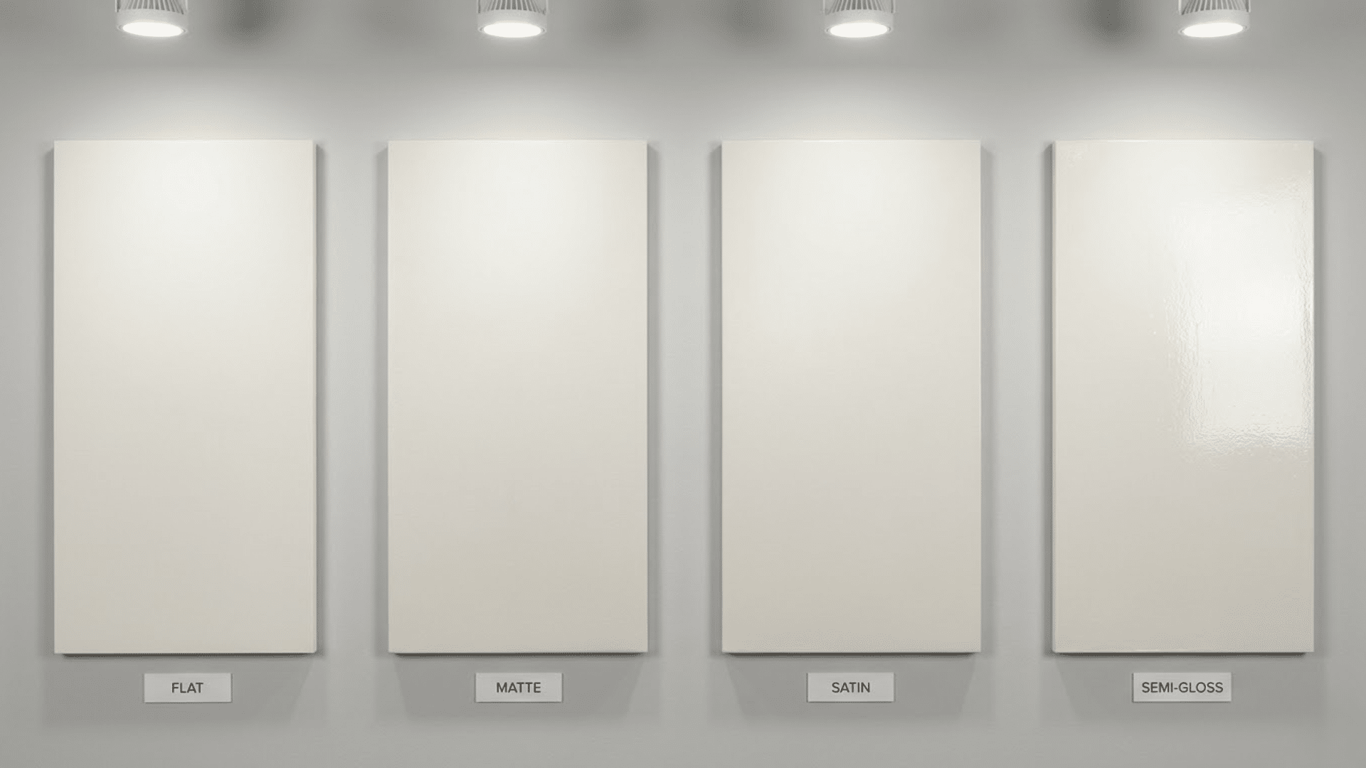 Comparison of flat, matte, satin, and semi-gloss paint finishes showing differences in shine and texture