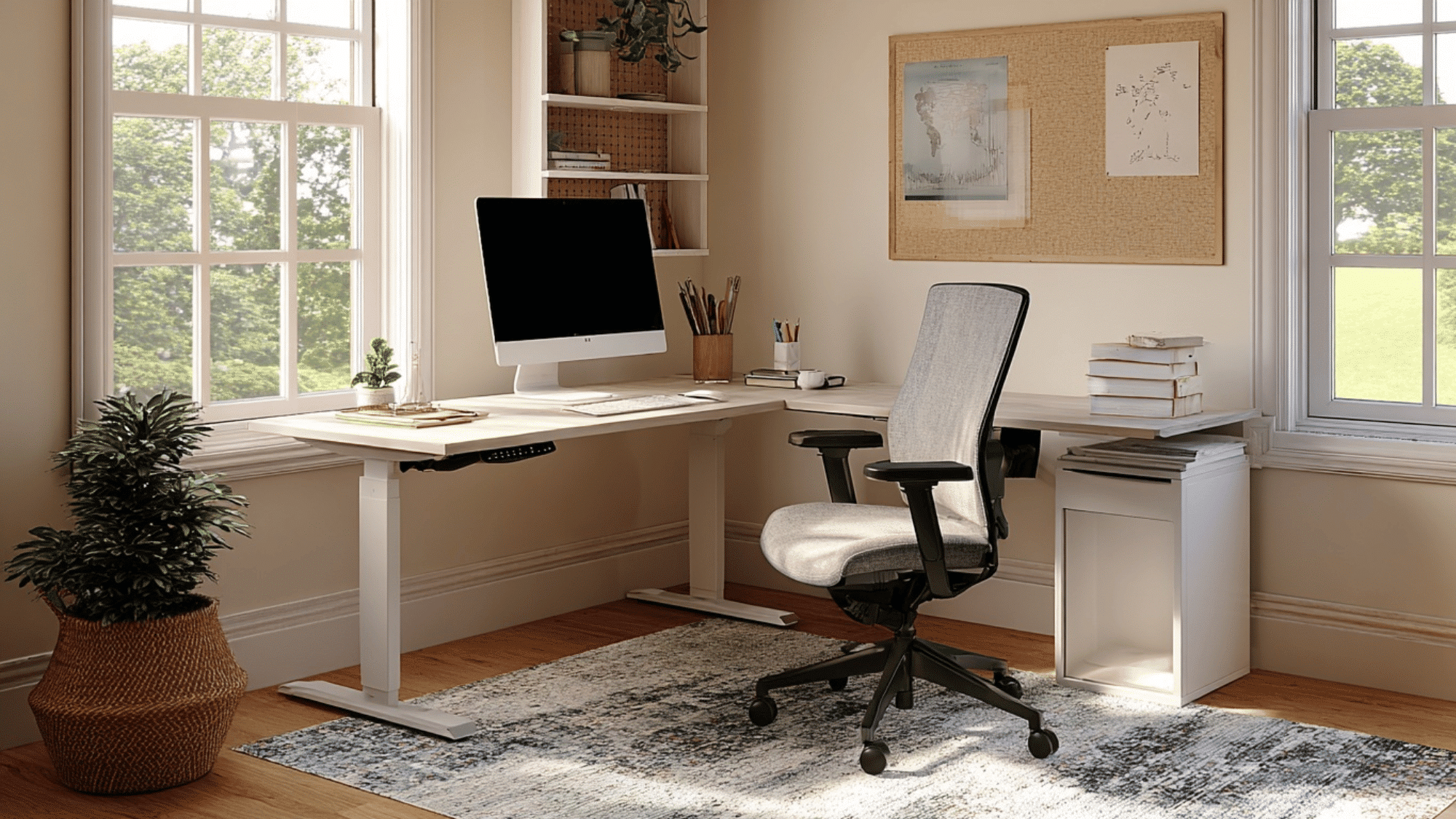 Corner L-shaped desk with computer setup and workspace on both sides.