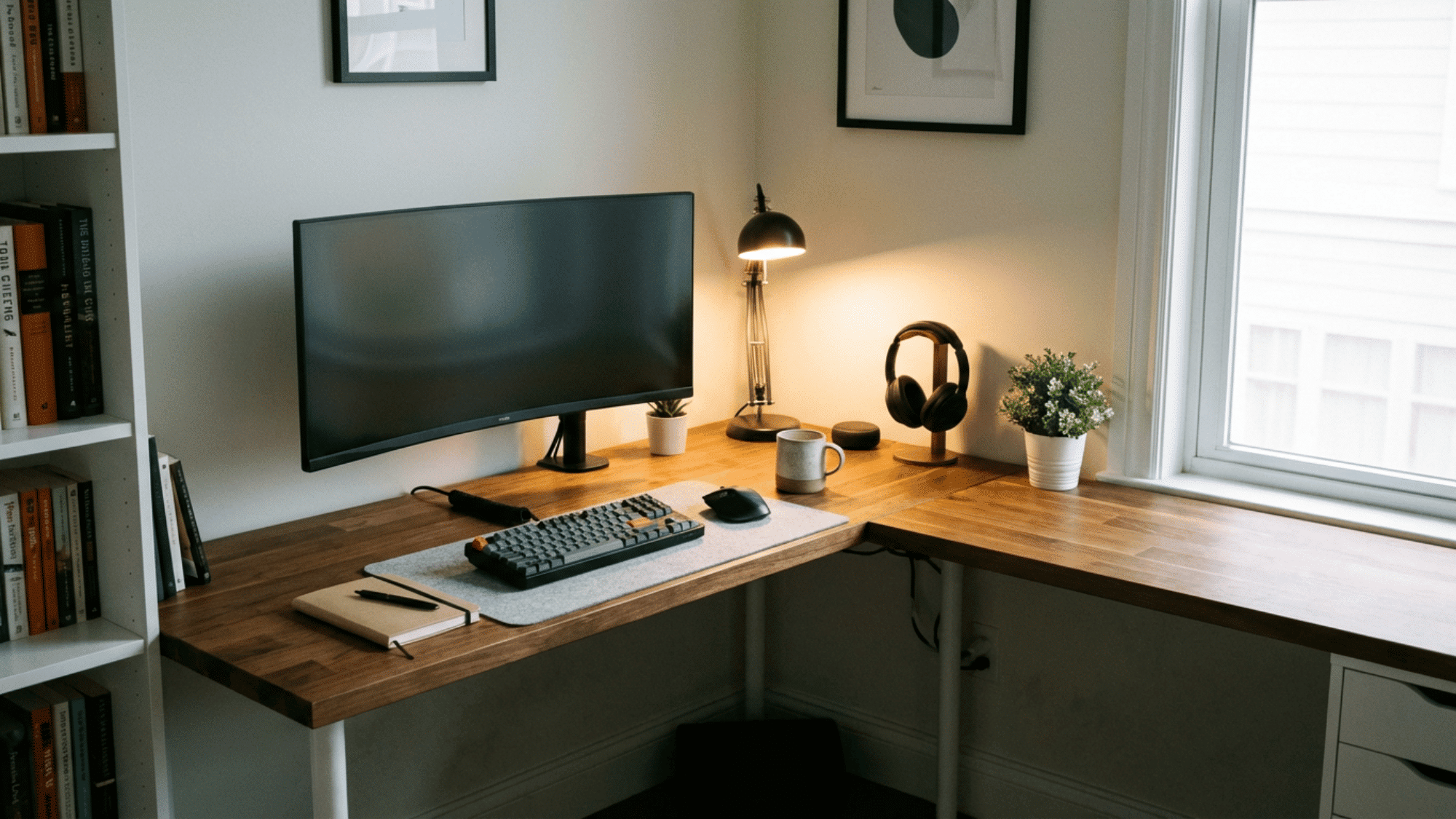 Corner desk home office setup with clean and organized layout