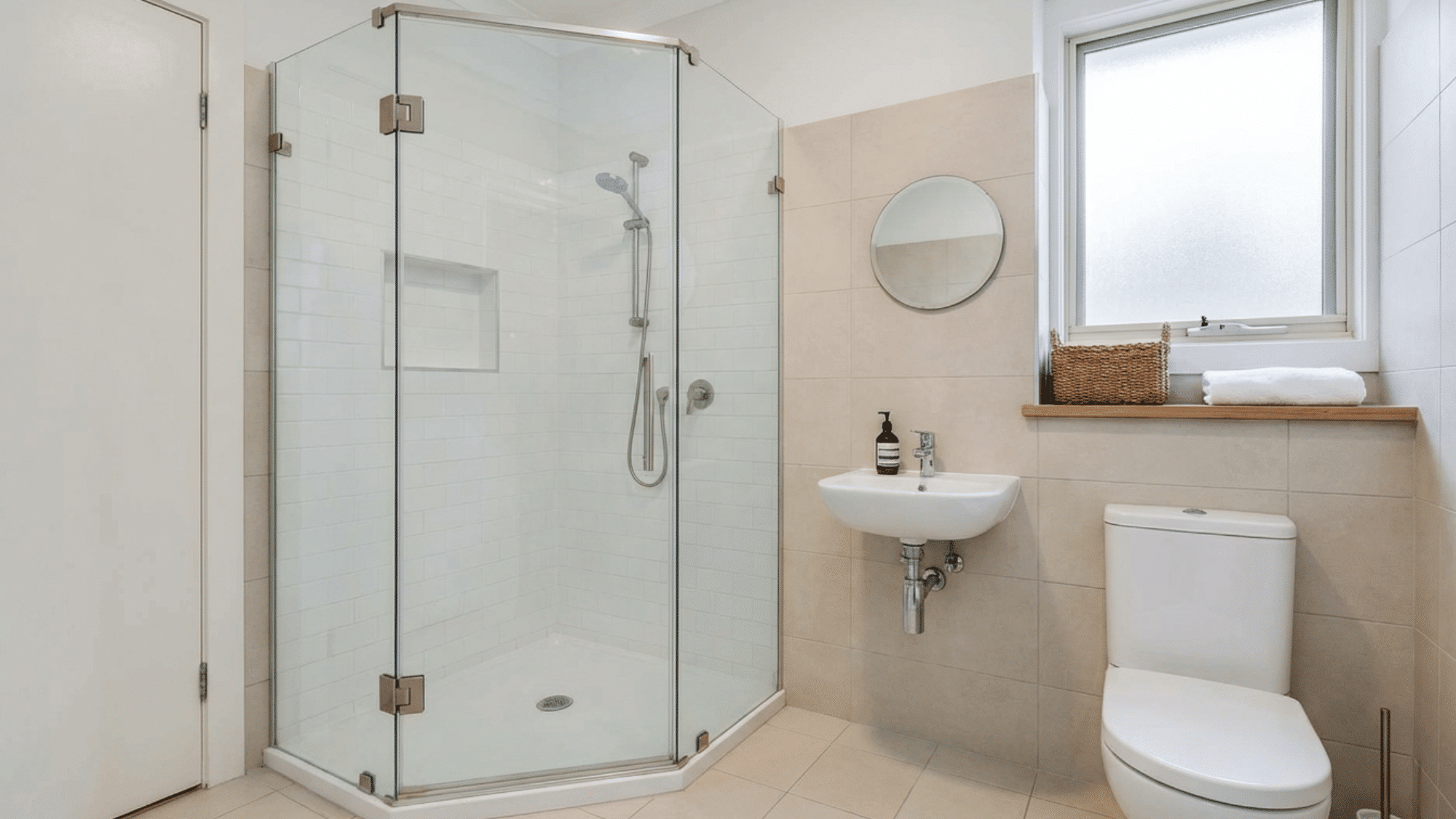 Corner shower design that saves space in a small bathroom