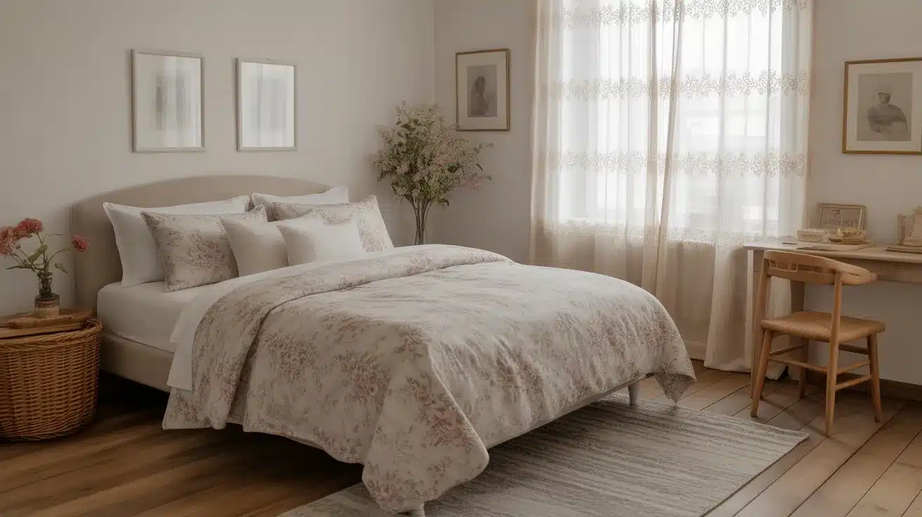 Cottagecore aesthetic room with floral bedding, dried flowers, and earthy wood furniture a nature-inspired aesthetic room idea full of charm