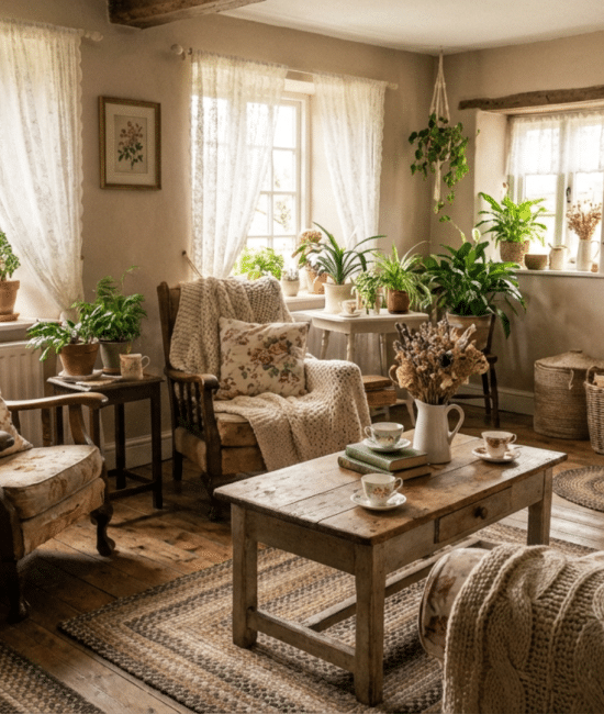 Cottagecore interior living room with vintage furniture and floral decor