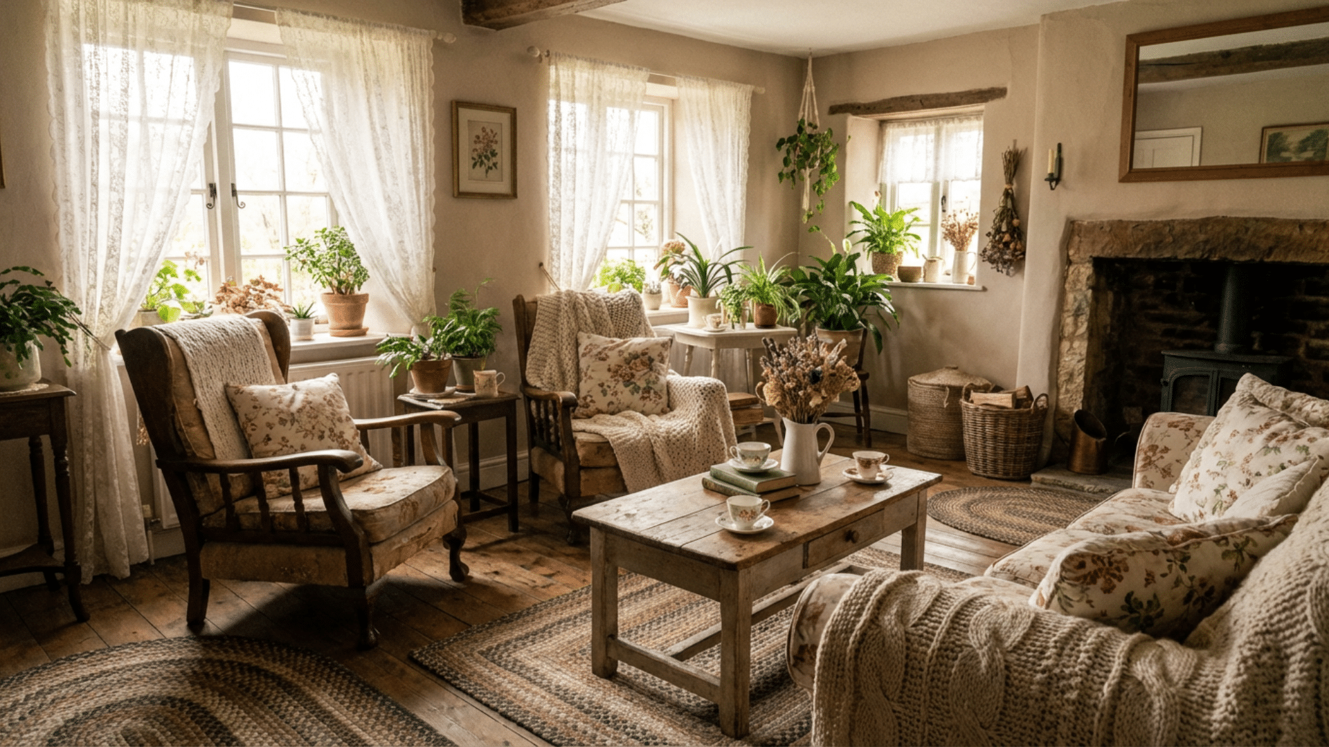Cottagecore interior living room with vintage furniture and floral decor