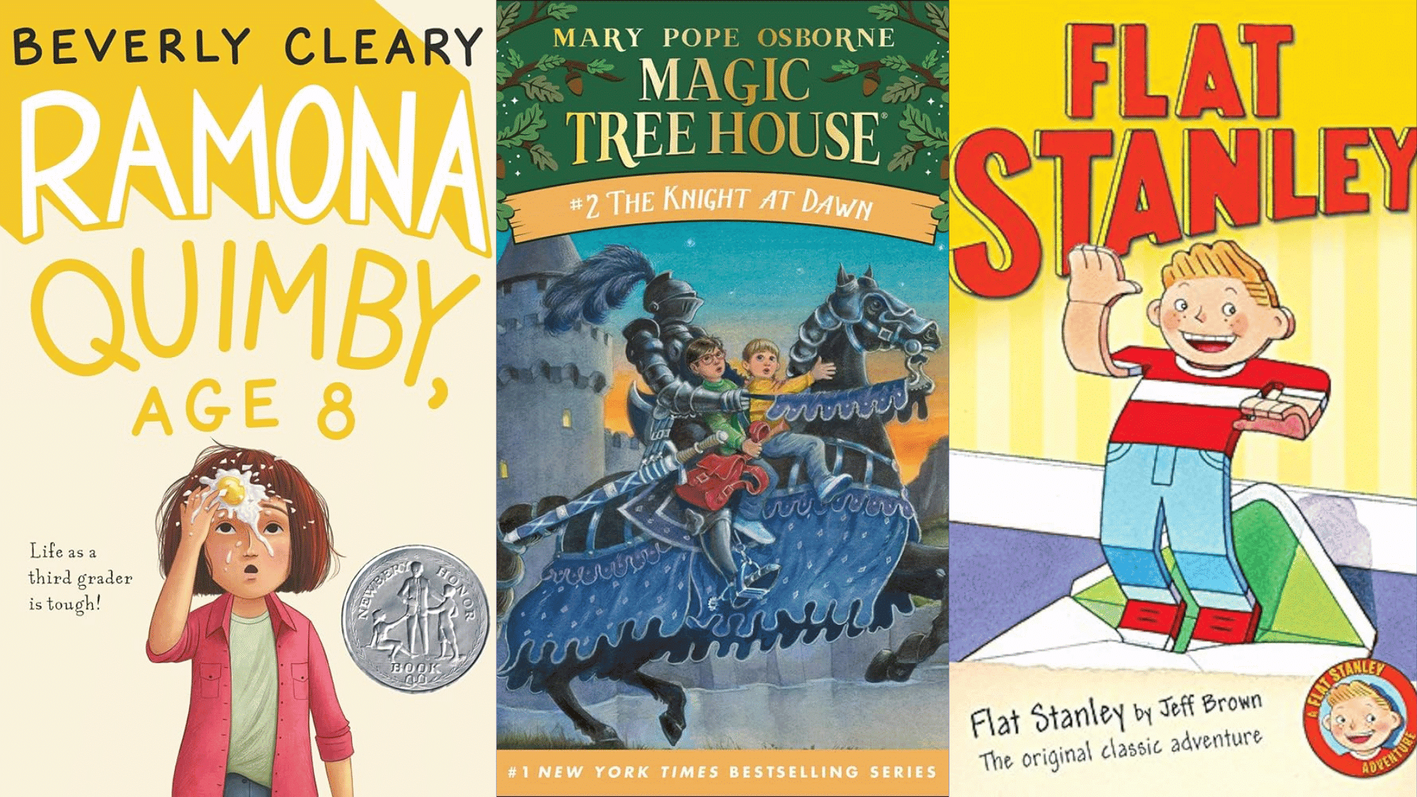 Covers of three popular children's books displayed side-by-side, Ramona Quimby, Age 8, Magic Tree House 2 The Knight at Dawn, and Flat Stanley.