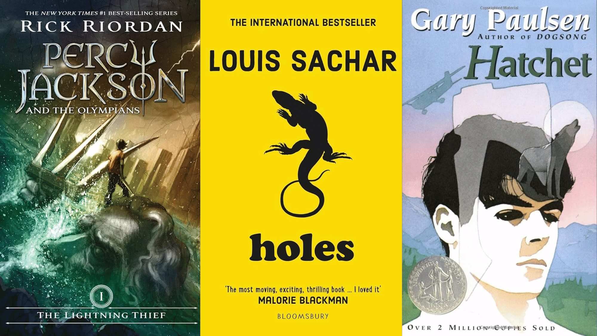 Covers of three popular young adult novels displayed side-by-side Percy Jackson & The Olympians The Lightning Thief, Holes by Louis Sachar, and Hatchet by Gary Paulsen.