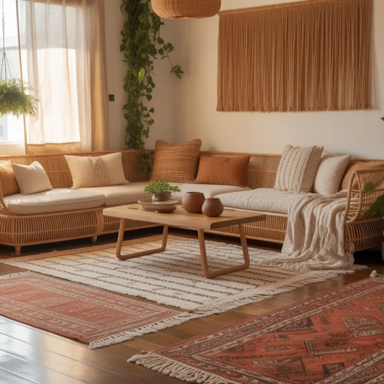 Cozy boho living room with layered rugs, plants, and rattan furniture in warm natural tones