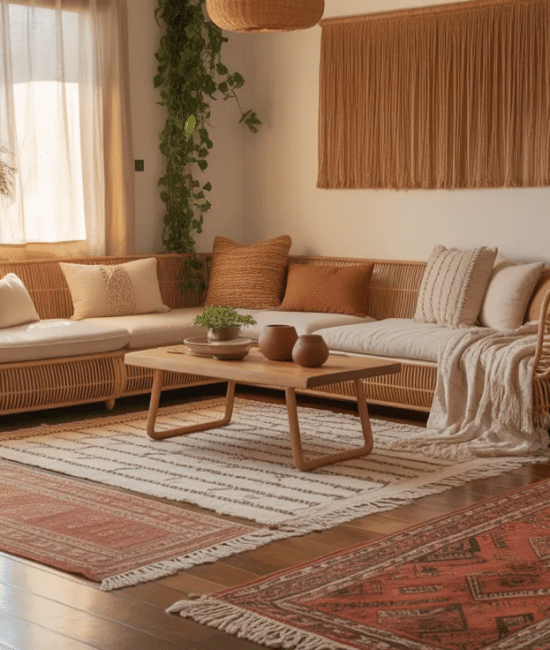 Cozy boho living room with layered rugs, plants, and rattan furniture in warm natural tones