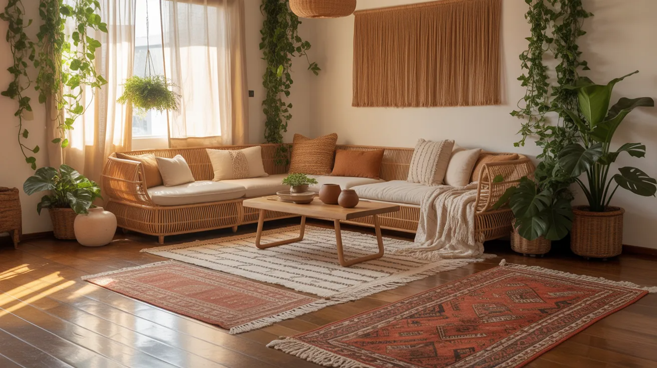 Cozy boho living room with layered rugs, plants, and rattan furniture in warm natural tones