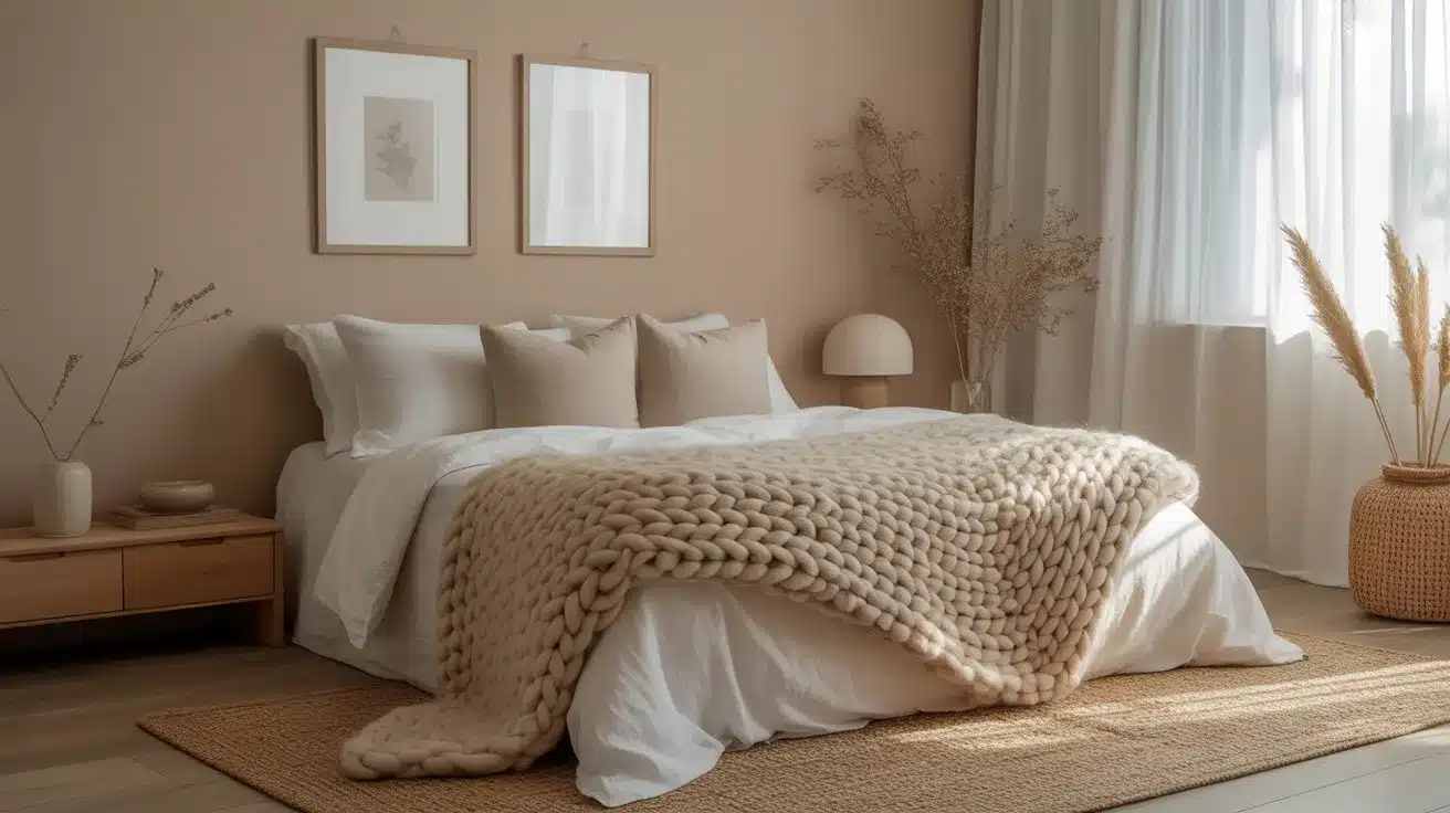Cozy neutral aesthetic room with beige walls, chunky knit blankets, and warm Edison lighting perfect aesthetic room ideas for a calm vibe