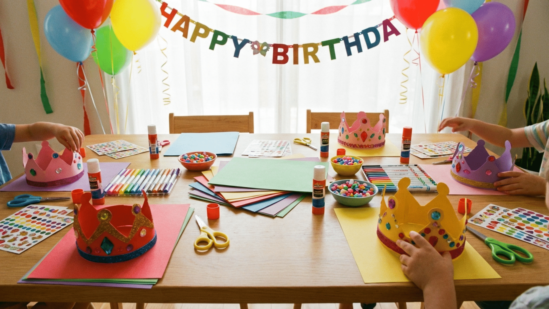 Craft table with art supplies for birthday party activities