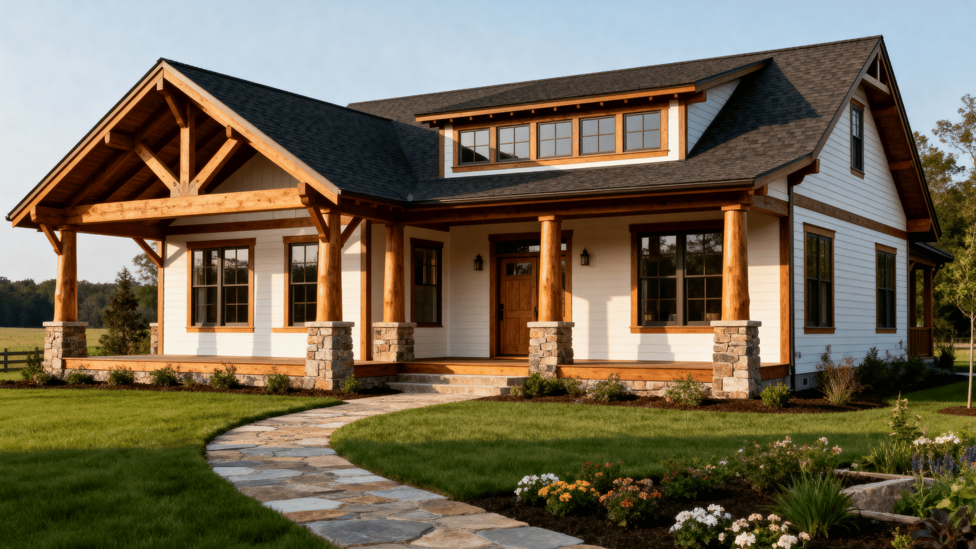 Craftsman farmhouse hybrid with gabled roof, exposed wood beams, stone column bases, wide front porch, and landscaped yard with curved path.