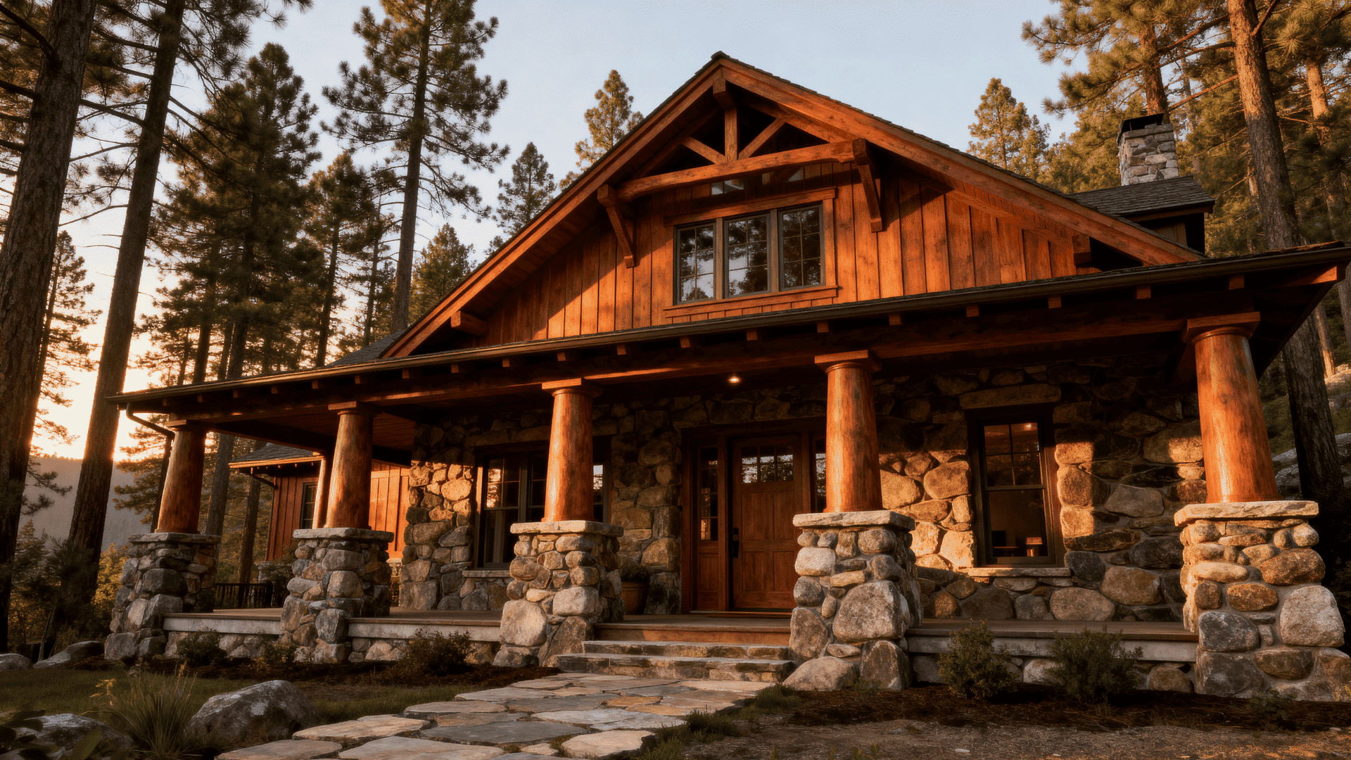 Craftsman-style cabin with stone facade, timber beams, wood columns on stone bases, and front porch surrounded by tall pine trees.