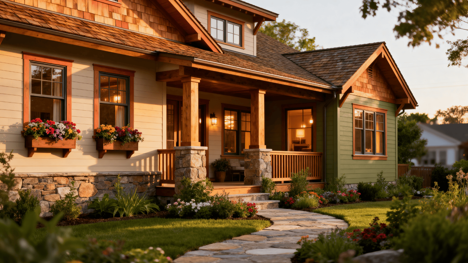 Craftsman-style cottage with wood columns, stone porch base, flower boxes, garden landscaping, and warm sunset light on the front exterior.