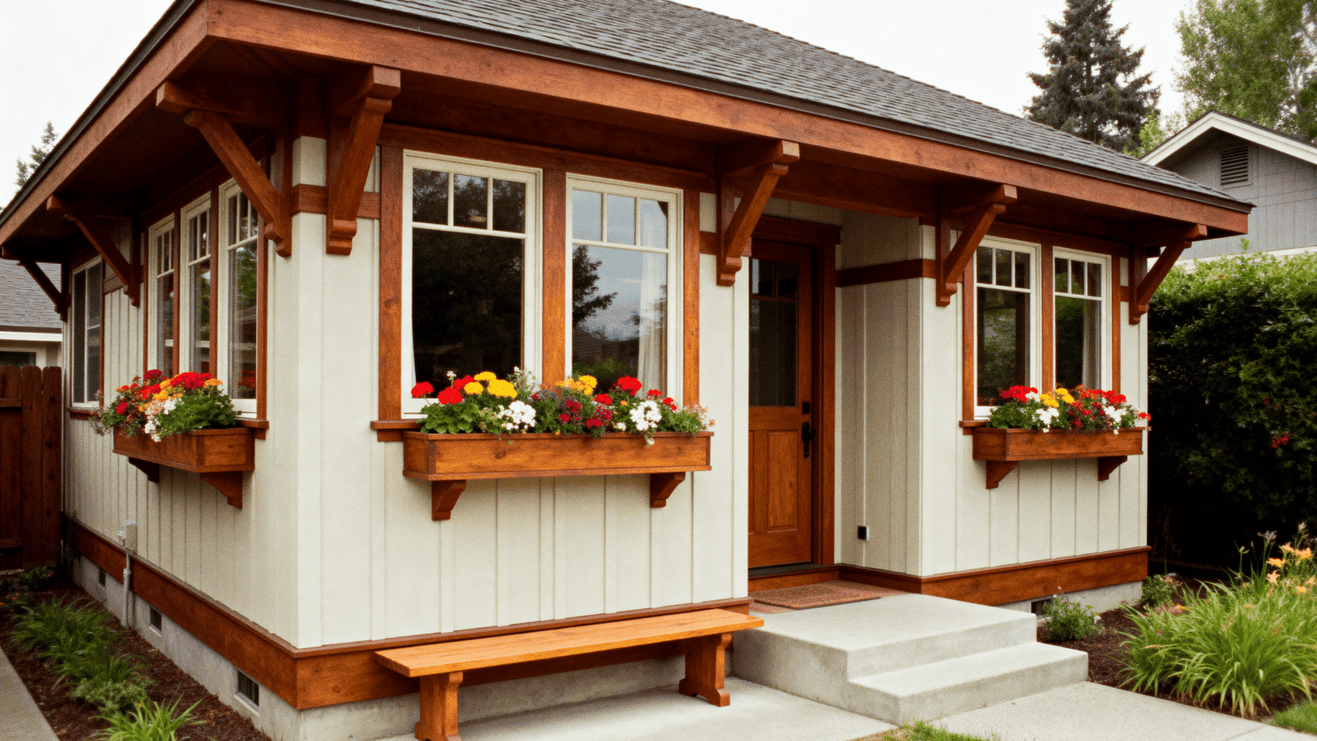 Craftsman-style cottage with wood trim, cream siding, flower boxes under windows, and small porch with bench and steps at front entrance.