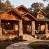 Craftsman-style home with wood siding, stone columns, gabled roof, covered front porch, and forest setting with tall pine trees.