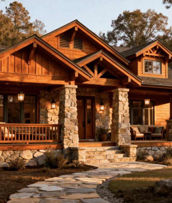 Craftsman-style home with wood siding, stone columns, gabled roof, covered front porch, and forest setting with tall pine trees.