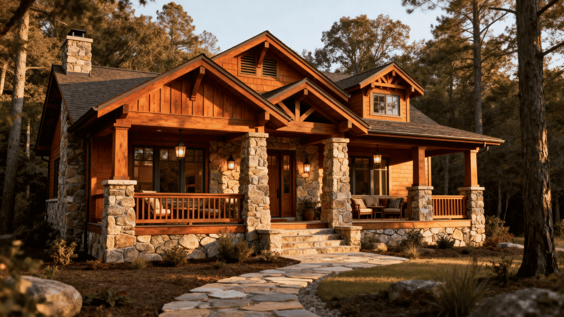 Craftsman-style home with wood siding, stone columns, gabled roof, covered front porch, and forest setting with tall pine trees.