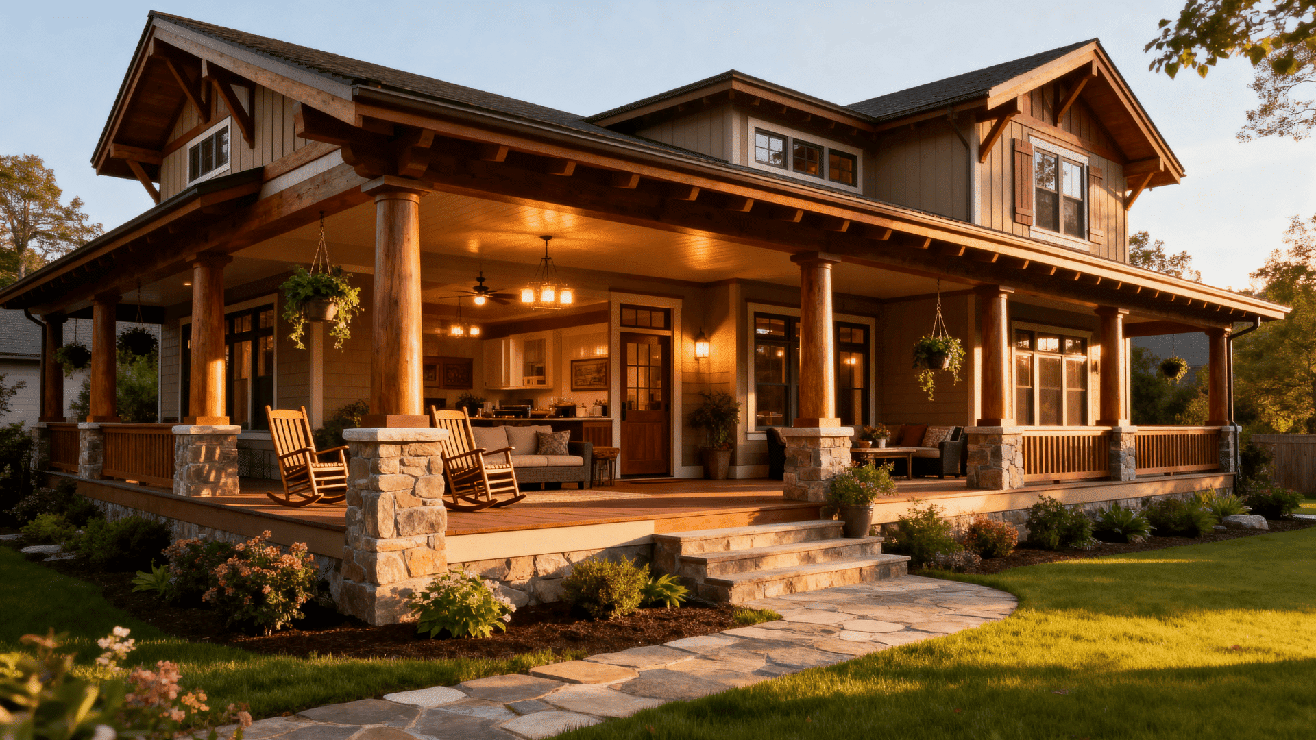 Craftsman-style home with wraparound porch, wood columns on stone bases, rocking chairs, hanging plants, and warm evening lighting.