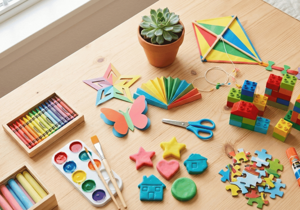 Creative kids activity desk with puzzles, scrapbook, origami, science kit, kite, and coding laptop. (2)