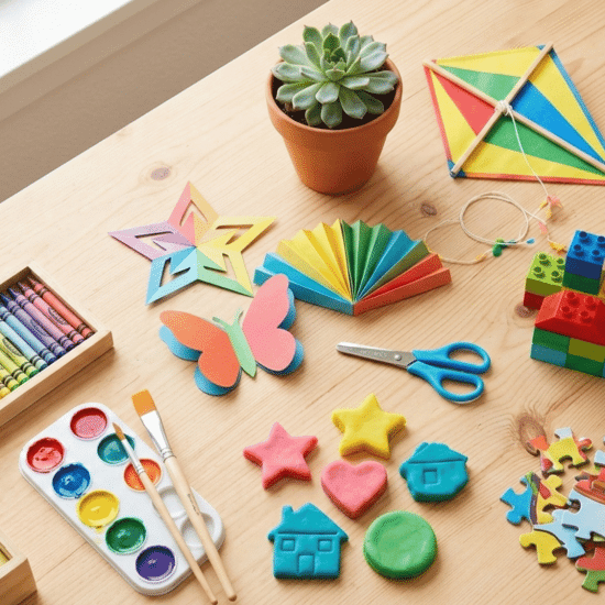 Creative kids activity desk with puzzles, scrapbook, origami, science kit, kite, and coding laptop. (2)