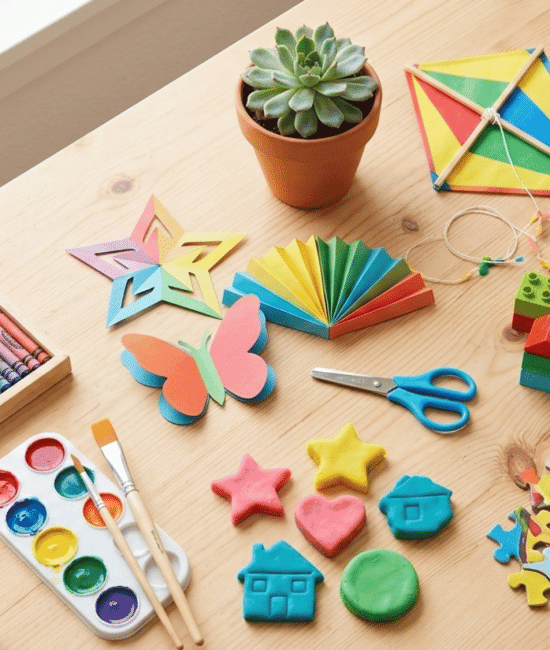 Creative kids activity desk with puzzles, scrapbook, origami, science kit, kite, and coding laptop. (2)