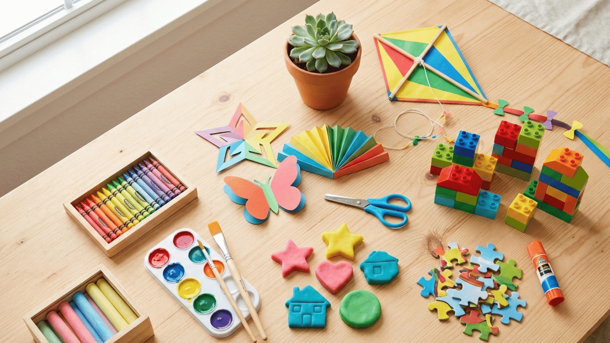 Creative kids activity desk with puzzles, scrapbook, origami, science kit, kite, and coding laptop. (2)