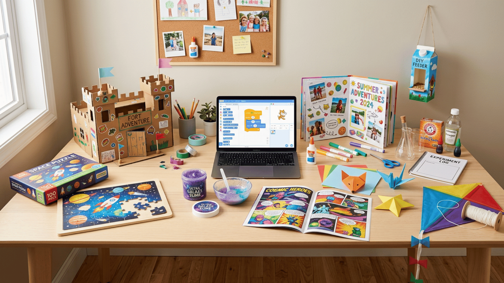 Creative kids activity desk with puzzles, scrapbook, origami, science kit, kite, and coding laptop.