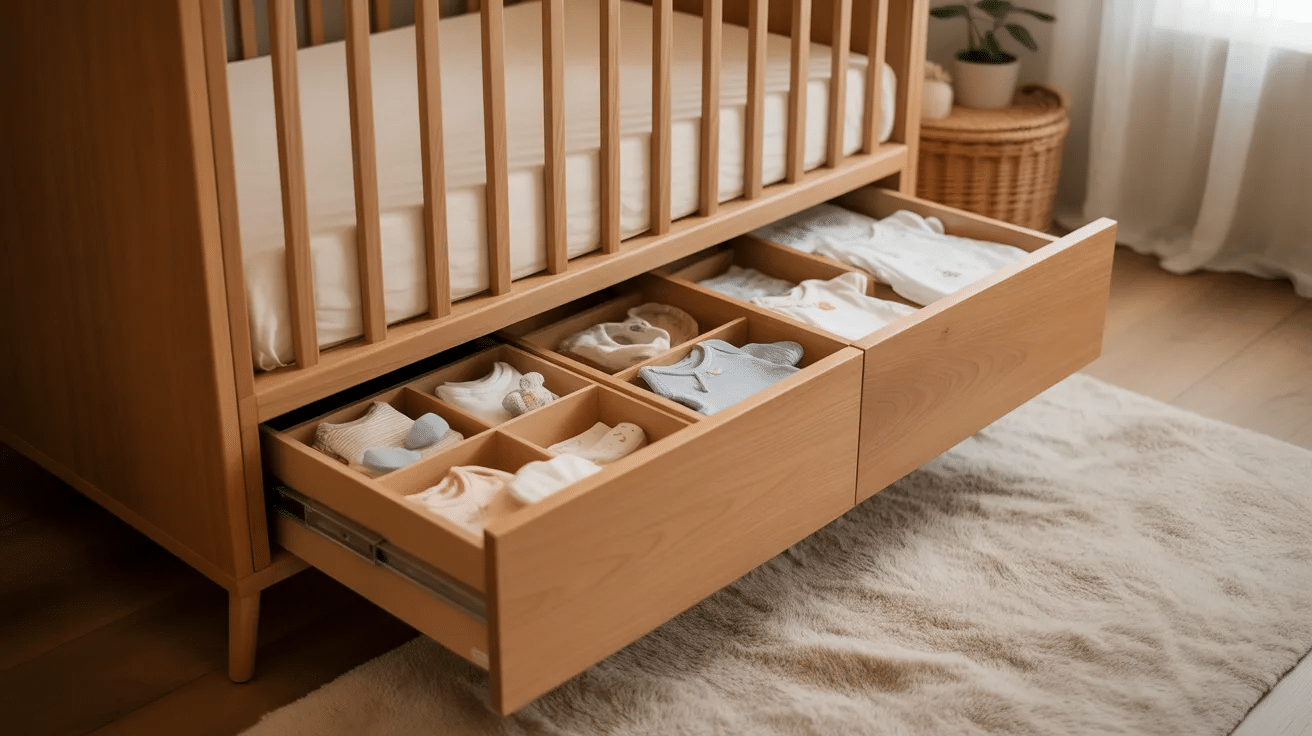 Crib with built-in storage drawers in a small nursery.