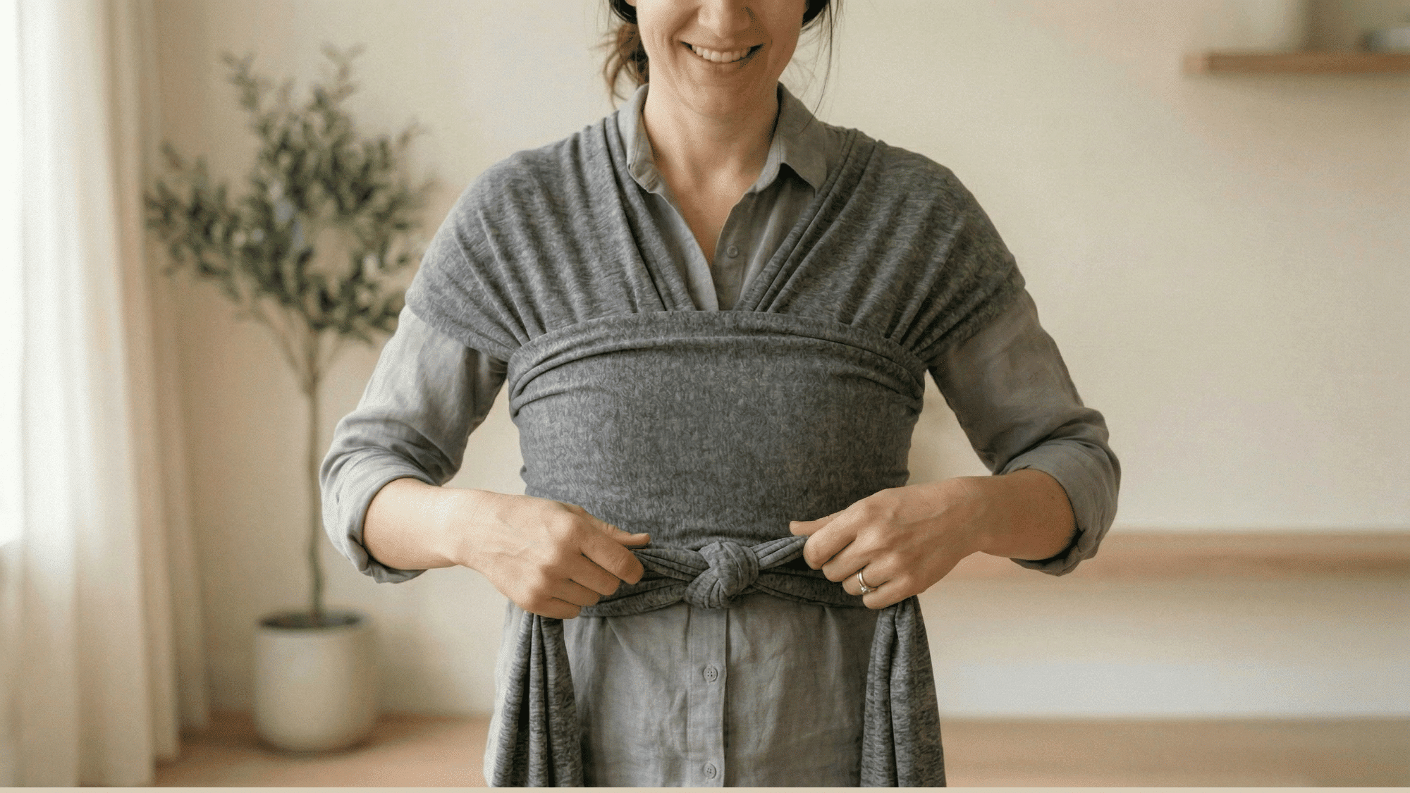 Crossing baby wrap ends and tying a secure double knot