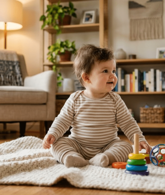 Curious baby sitting on a blanket in a cozy living room showing early development and growth stage