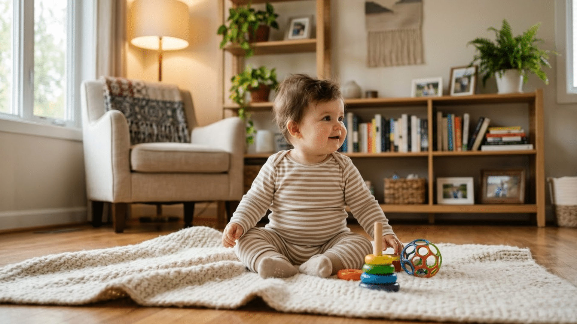 Curious baby sitting on a blanket in a cozy living room showing early development and growth stage