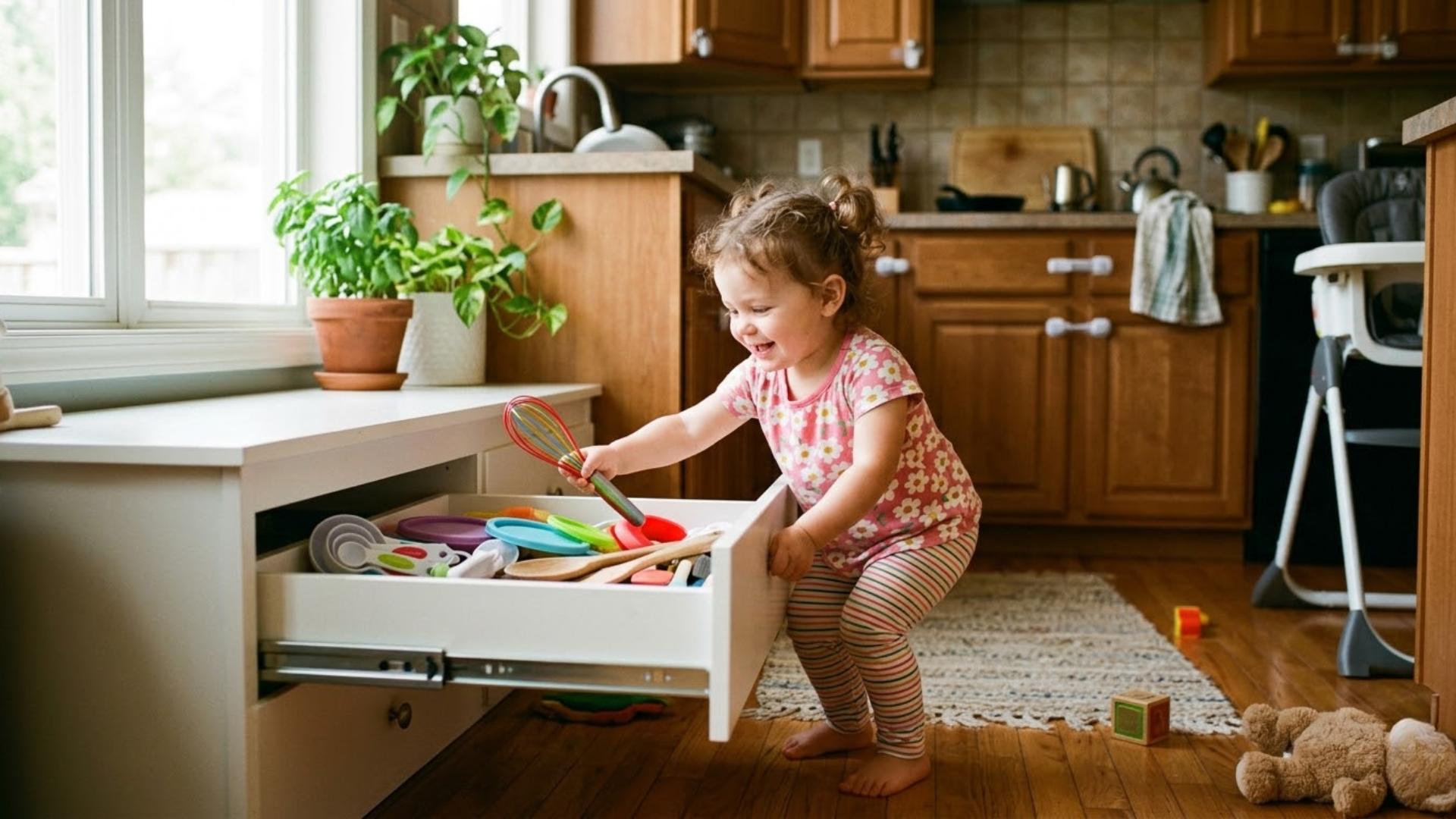 Curious toddler exploring home environment showing independence and increased activity levels