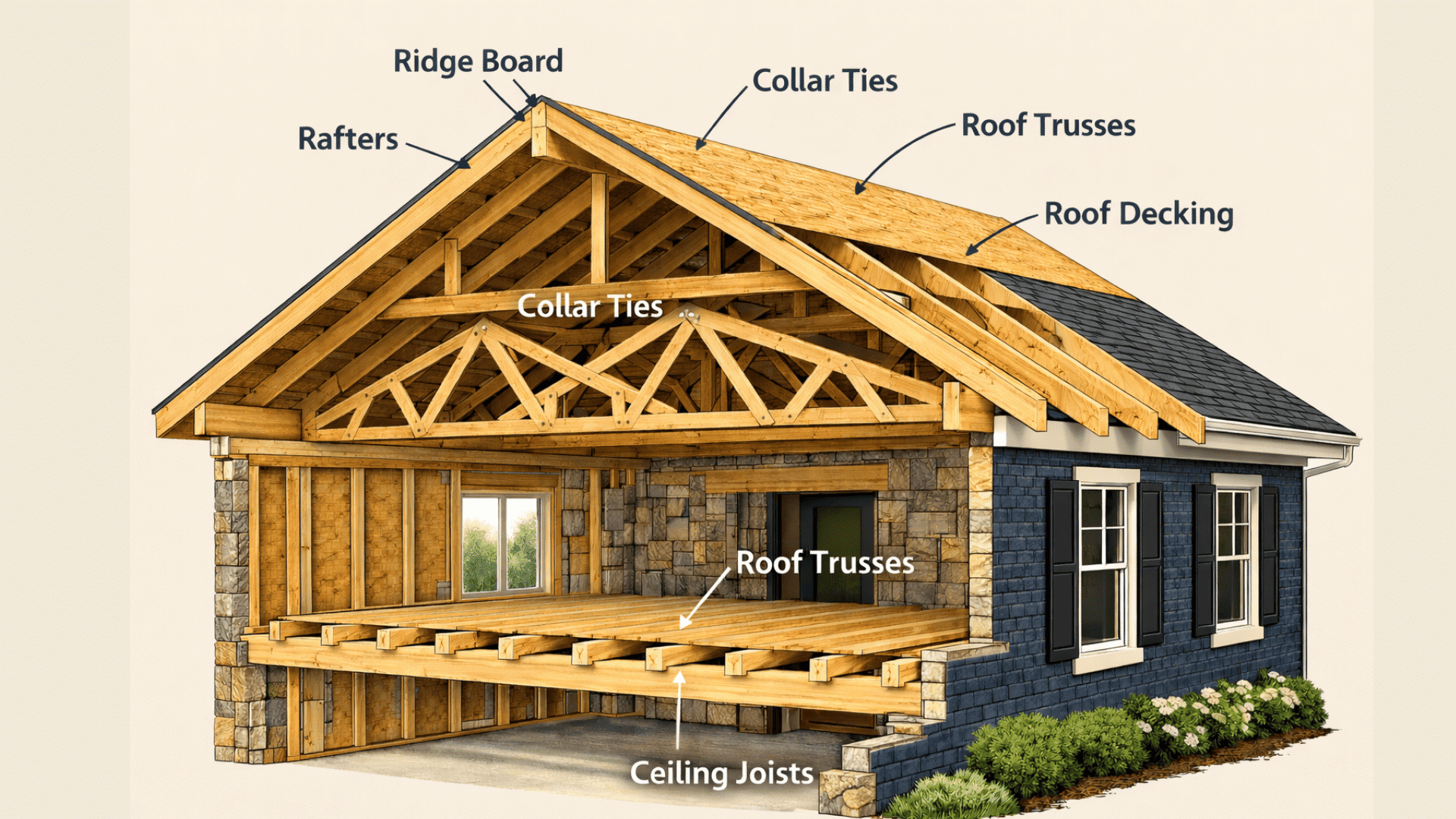 Cutaway diagram of a house roof structure showing rafters, trusses, collar ties, roof decking, ridge board, and ceiling joists with labels.