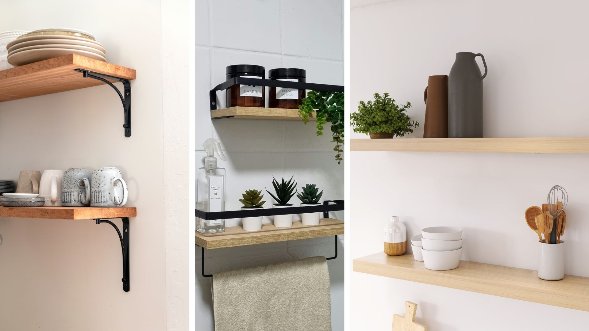 DIY floating shelves in modern kitchen and bathroom setups, styled with dishes, plants, and jars on light wood wall-mounted shelves