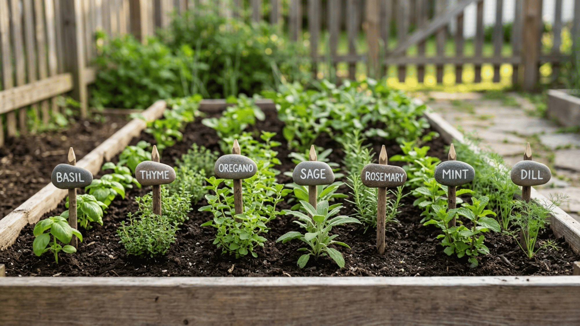 DIY plant markers made from stones and sticks placed in a neat garden bed