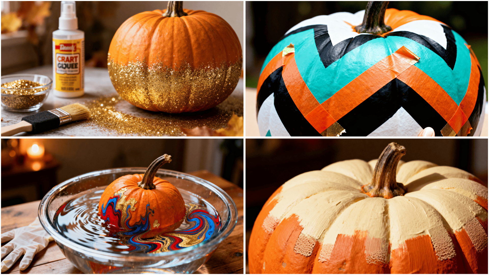 DIY pumpkin decorating collage showing glitter ombre pumpkin, geometric tape painted pumpkin, marbled nail polish pumpkin, and ombre painted pumpkin craft. (1)