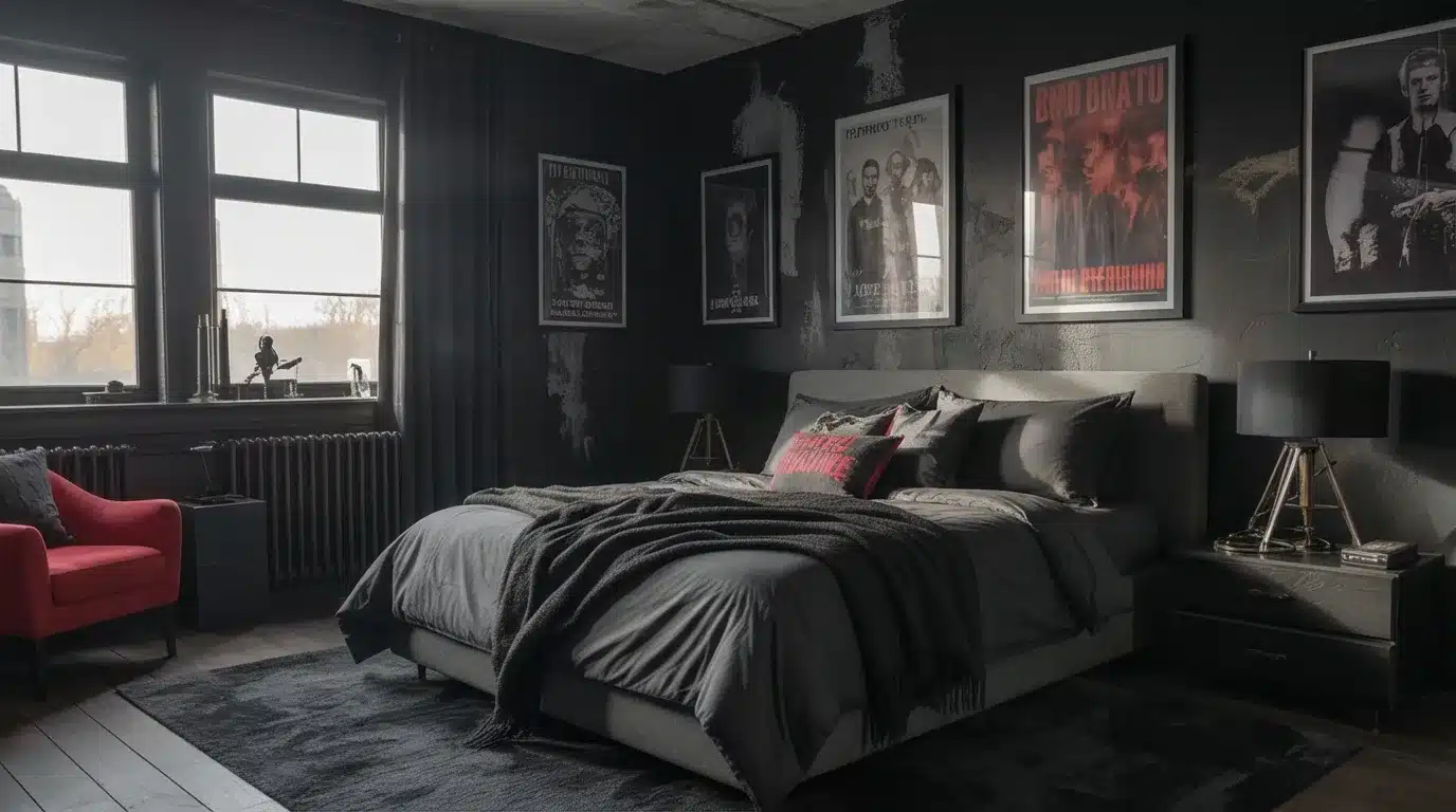 Dark walls, band posters, and dim moody lighting setting the tone for a raw grunge aesthetic room idea