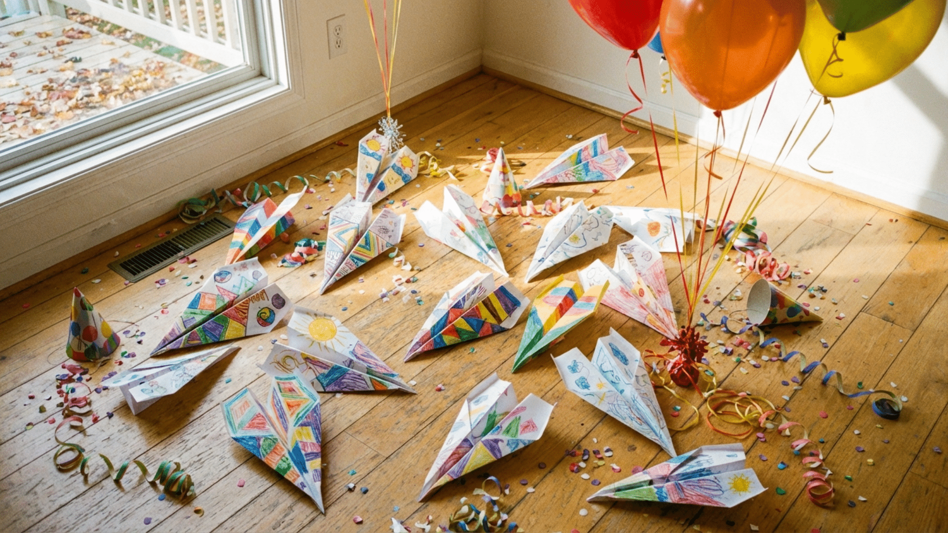 Decorated paper airplanes ready for birthday party contest