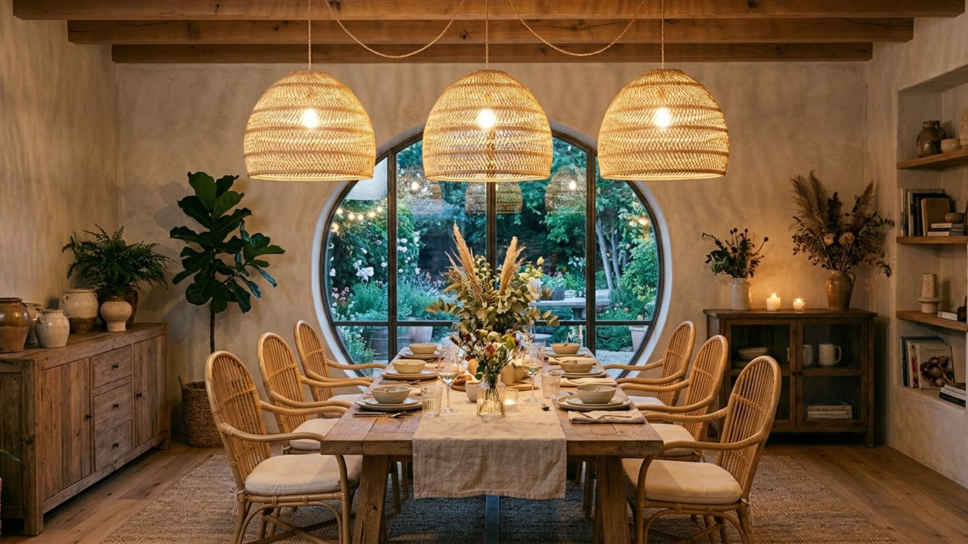 Dining area with woven pendant lighting creating a soft glow and textured look