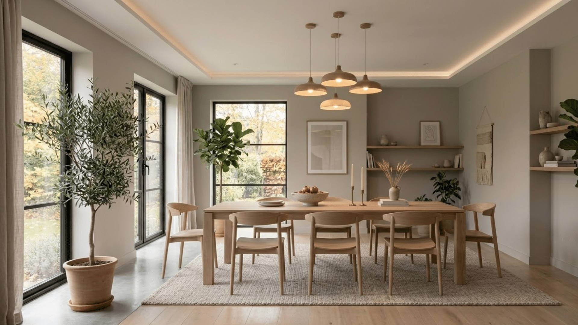 Dining room with muted color flat paint walls and subtle finish