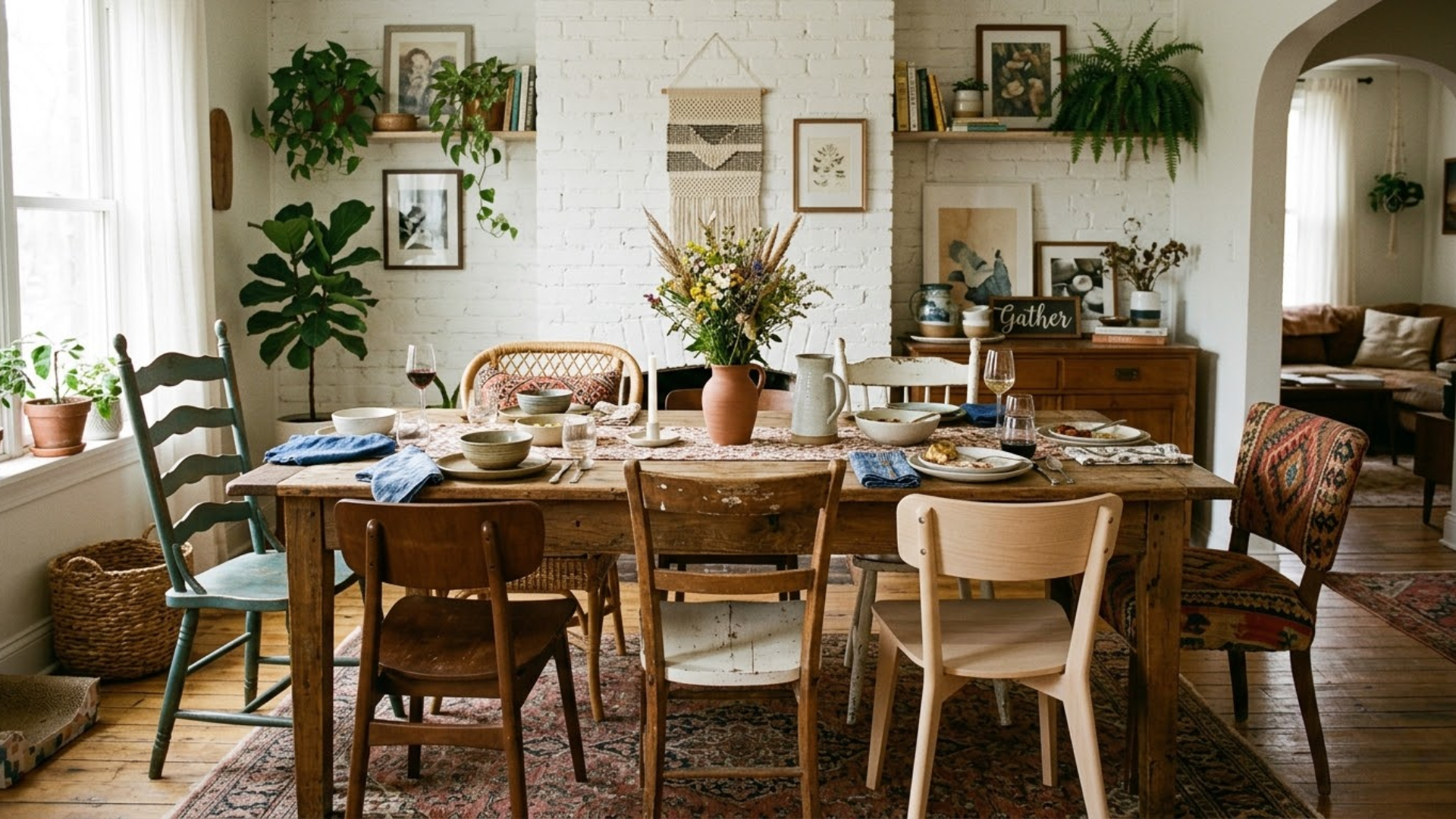 Dining table with mixed chair styles creating a relaxed and informal boho look