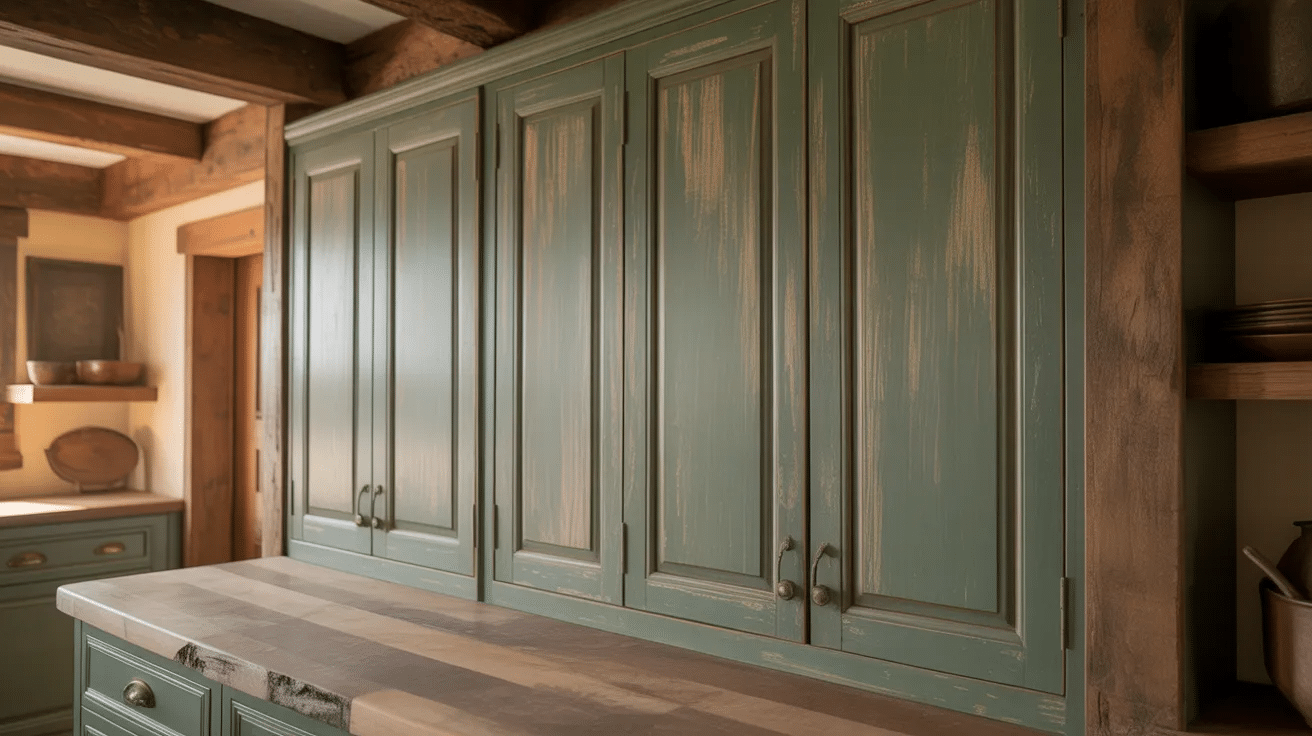 Distressed sage green cabinets with matte finish creating a worn and rustic kitchen look