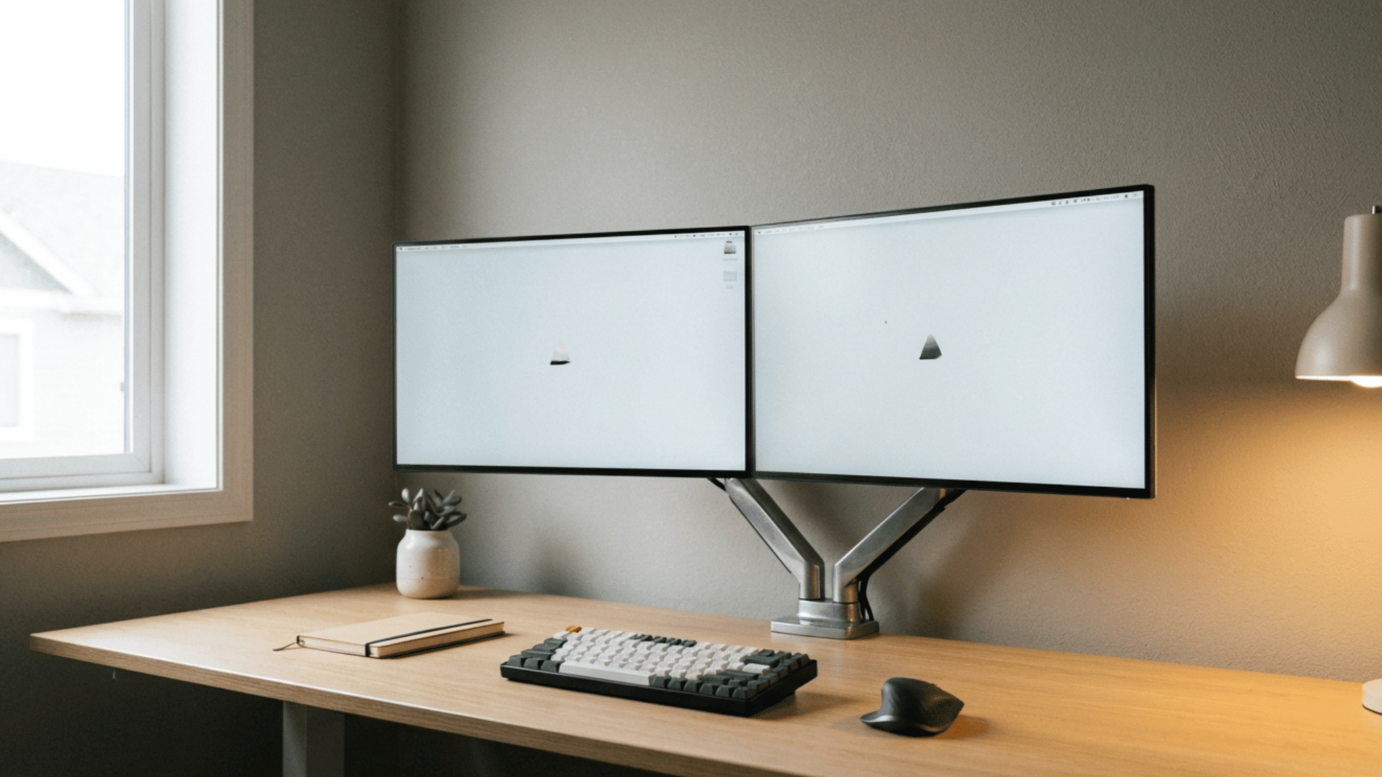 Dual monitor home office setup with clean desk and organized workspace