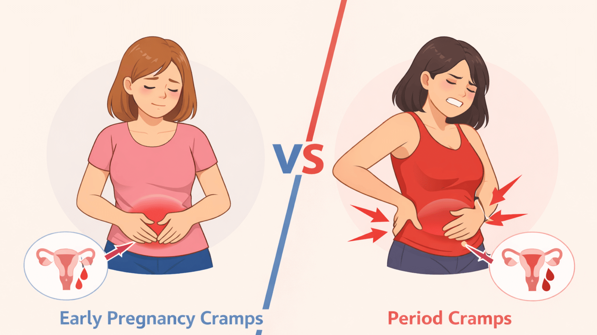 Early pregnancy cramps vs period cramps illustration showing two women holding their lower abdomen with pain highlights on a beige background.