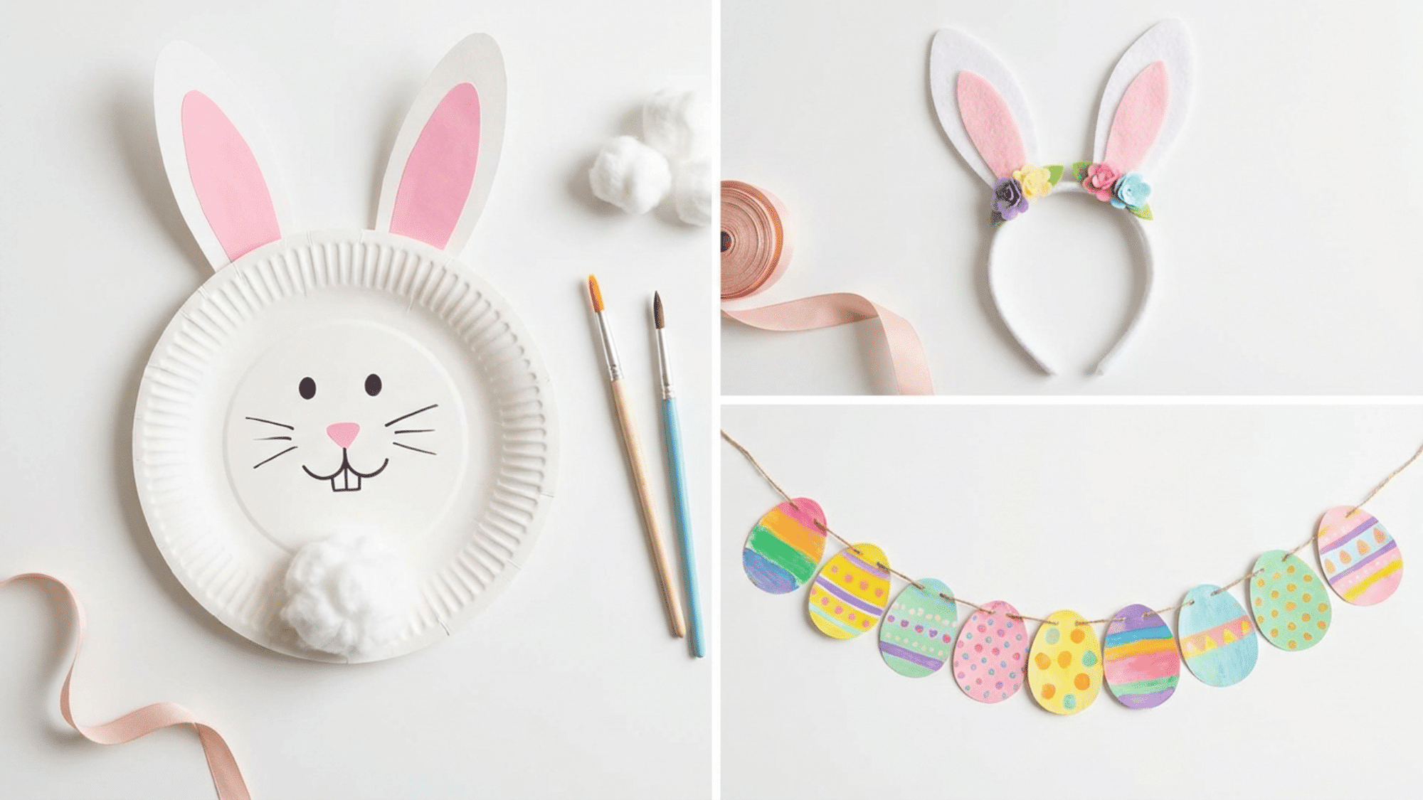 Easy Easter crafts for kids with bunny mask, headband, and egg garland