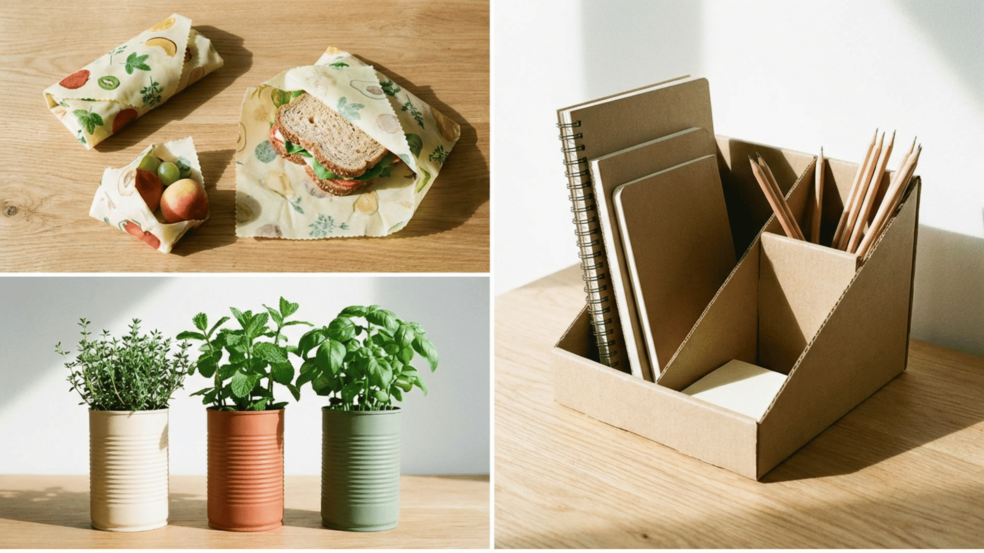 Eco-friendly crafts including desk organizer, beeswax wraps, and herb planters