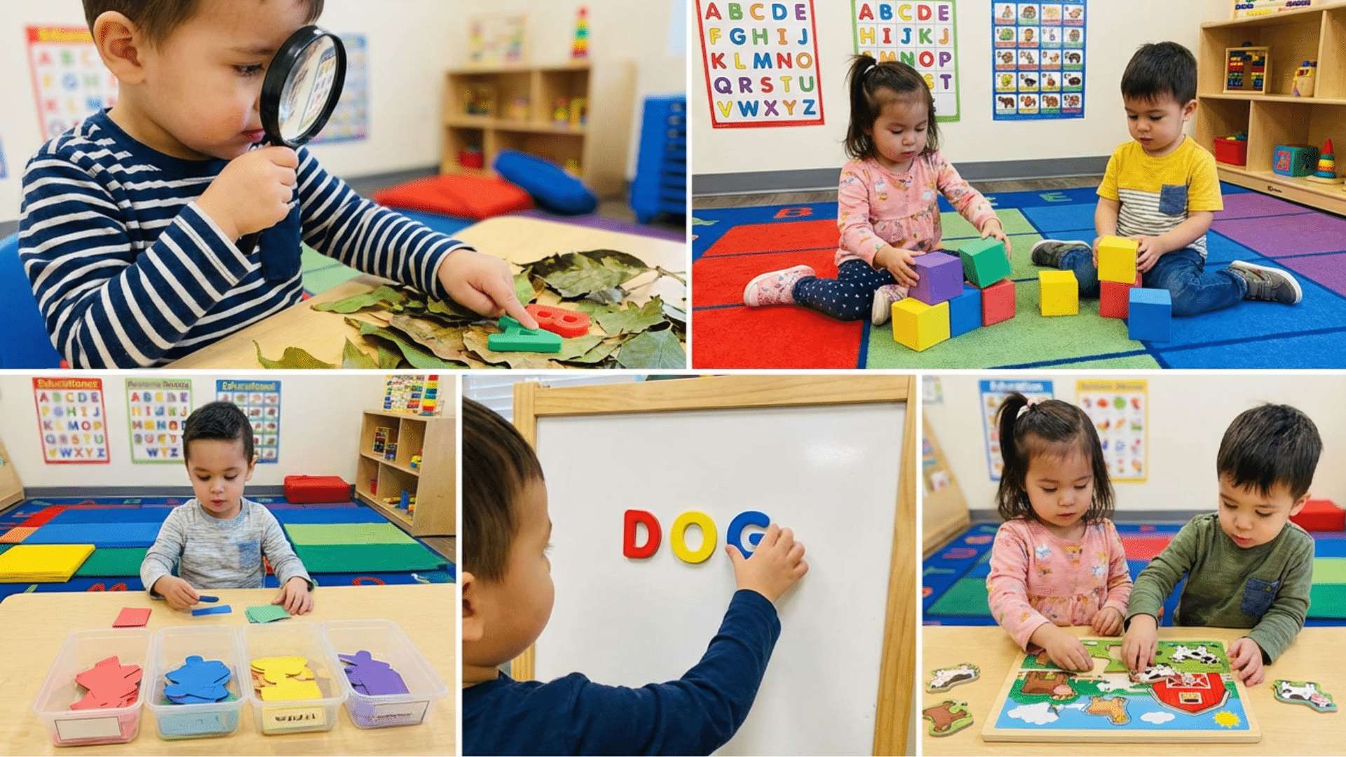 Educational activities for toddlers including alphabet games, counting blocks, and puzzles